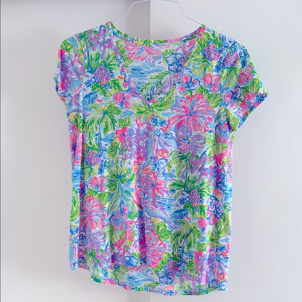 Lilly Pulitzer Green and Pink Cap Sleeve Graphic Blouse